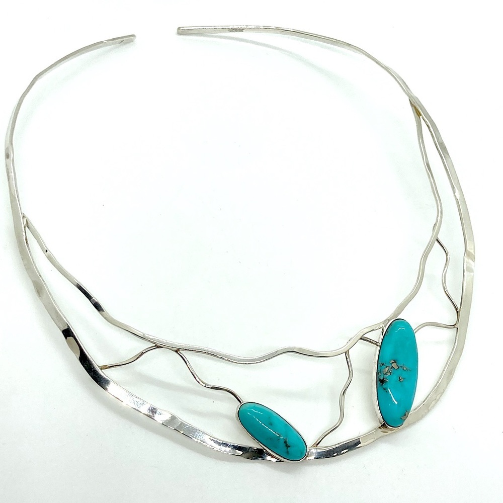 Vtg 925 Sterling Silver & Turqouise Cabochon Abstract Vines Bib Collar Choker